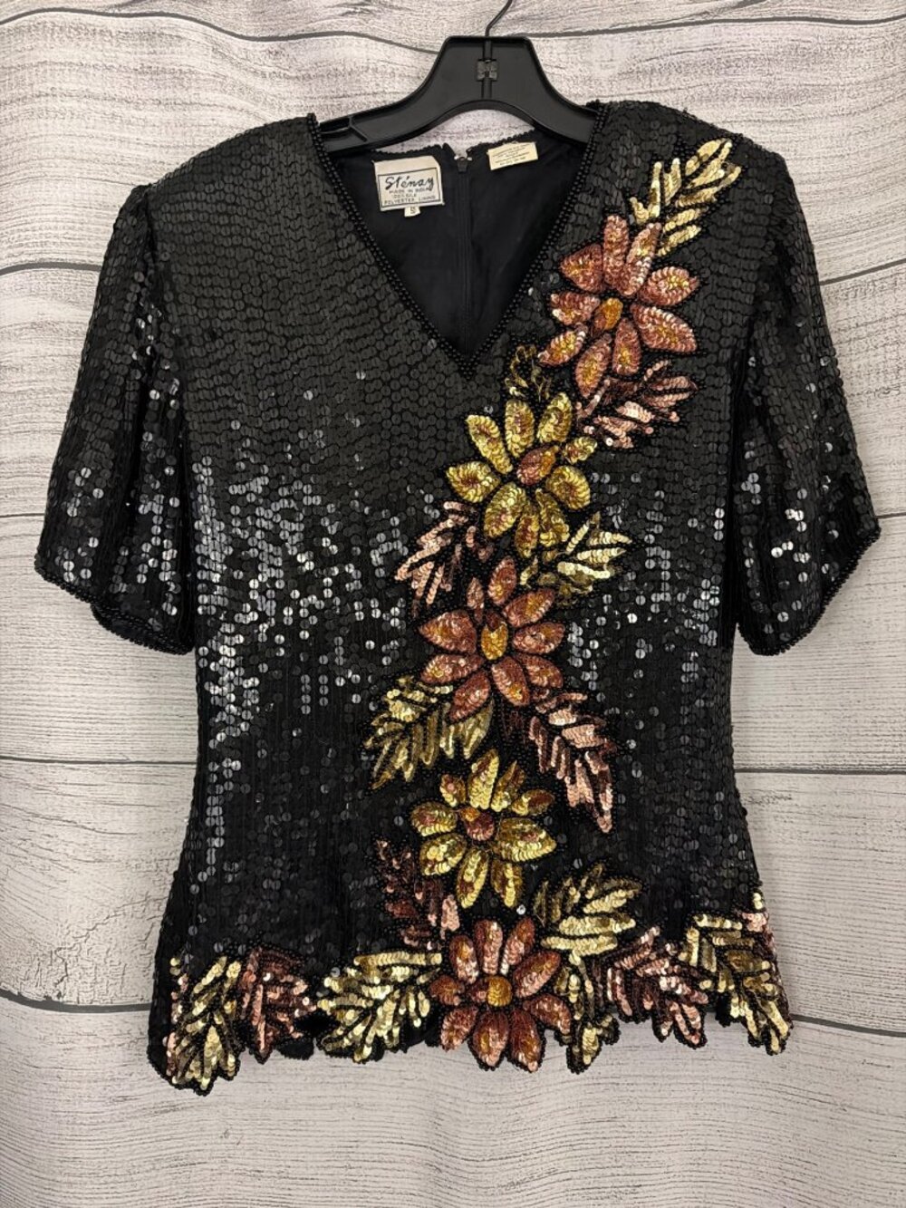 Vintage Stenay Black Sequin Floral Beaded Short Sleeve Top S